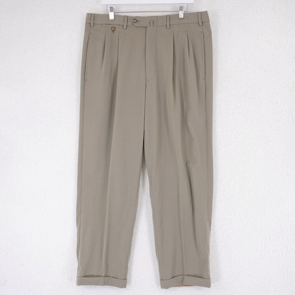Faconnable Super‎ 100s Wool Light Green Dress Pants 37/29 High Rise Pleated Cuff